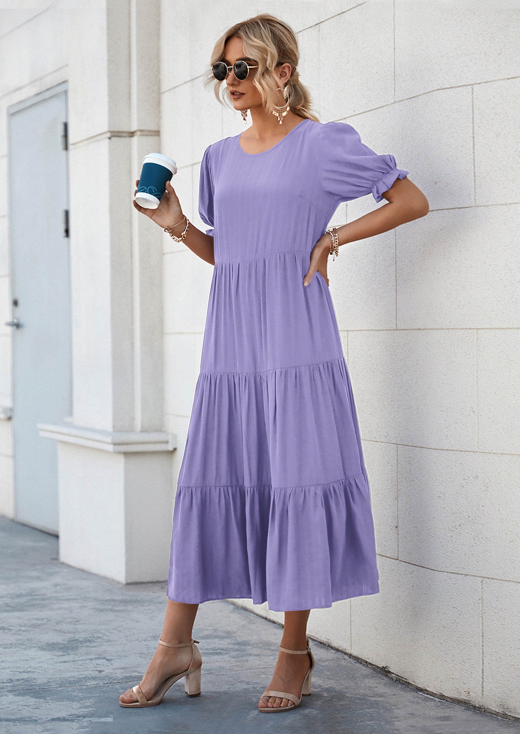 PRETTYGARDEN Women's Summer Casual Floral Boho Dress Puff Short Sleeve Ruffle Flowy Beach Party Midi Dresses