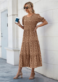 PRETTYGARDEN Women's Summer Casual Floral Boho Dress Puff Short Sleeve Ruffle Flowy Beach Party Midi Dresses