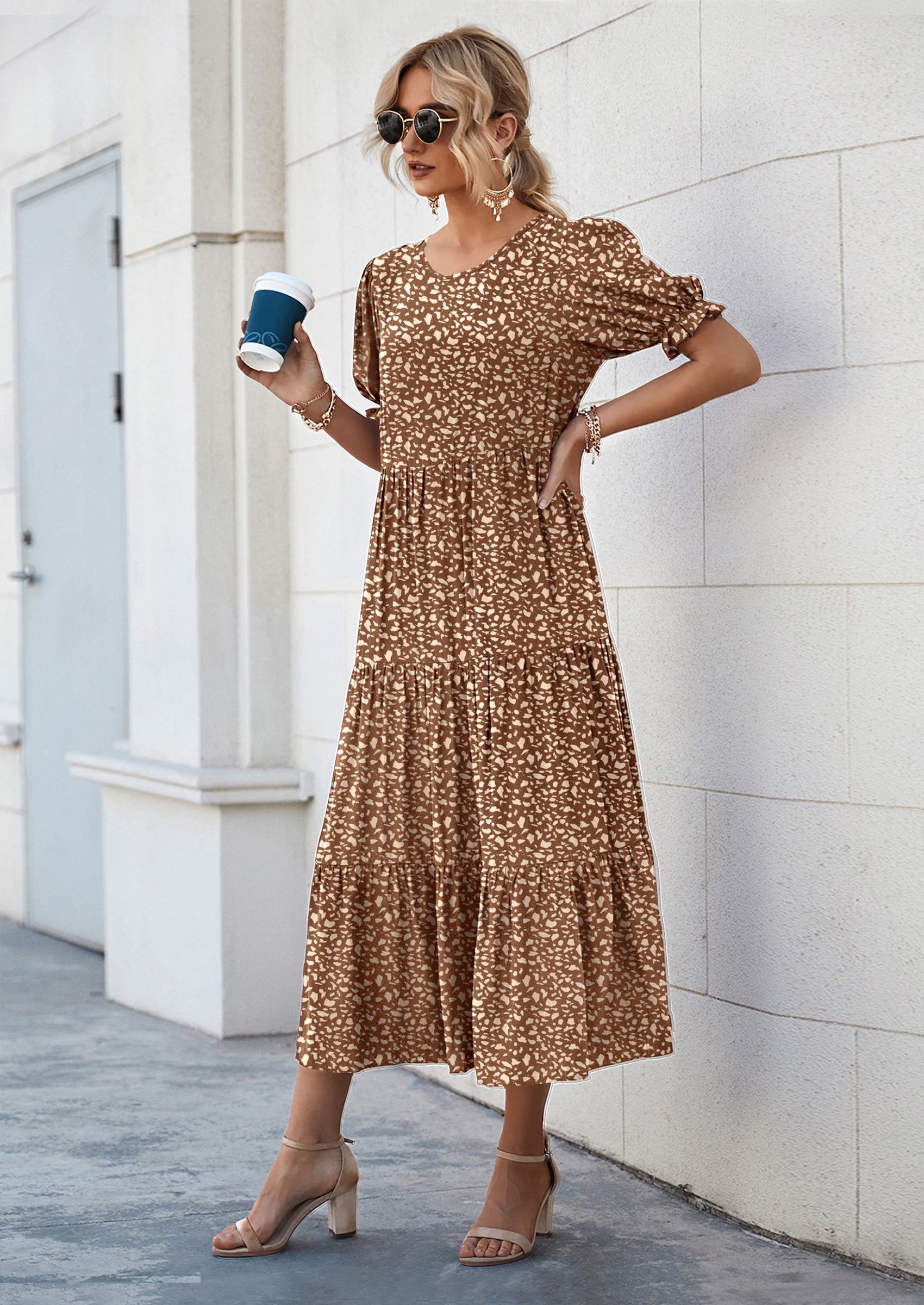 PRETTYGARDEN Women's Summer Casual Floral Boho Dress Puff Short Sleeve Ruffle Flowy Beach Party Midi Dresses