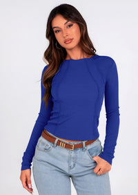 KIRUNDO Ribbed Long Sleeve Tops for Women Stretch Slim Basic Crop Tee Exposed Seams Spring Fall Fashion Trendy Tshirt