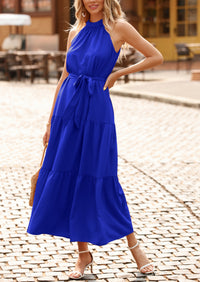 PRETTYGARDEN Women's Summer Floral Maxi Sun Dress Sleeveless Halter Neck Flowy Ruffle Hem Long Boho Dresses with Belt