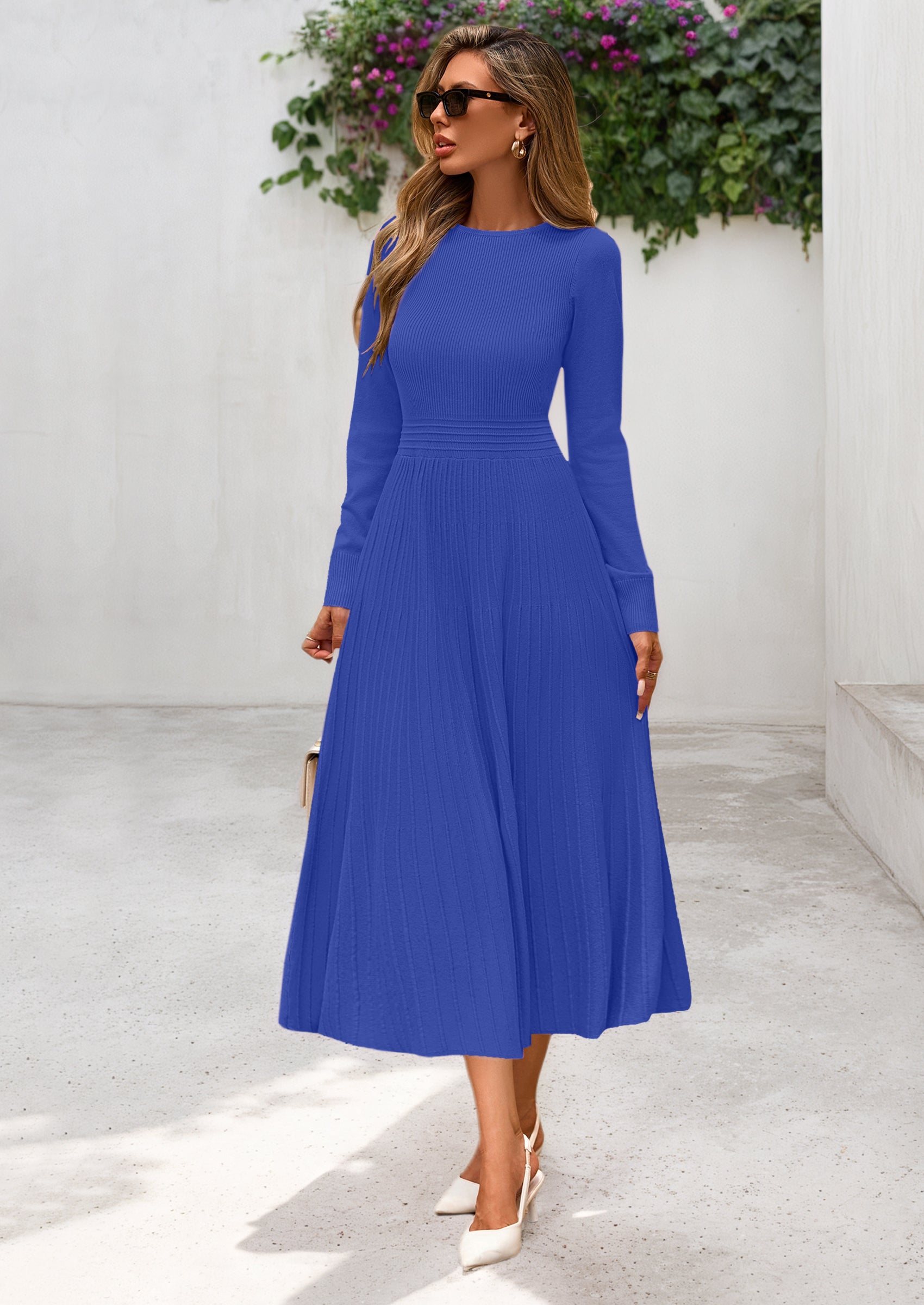 PRETTYGARDEN Women's Long Sleeve Midi Sweater Dress Fall Crewneck Knit A Line Pleated Wedding Guest Winter Dresses