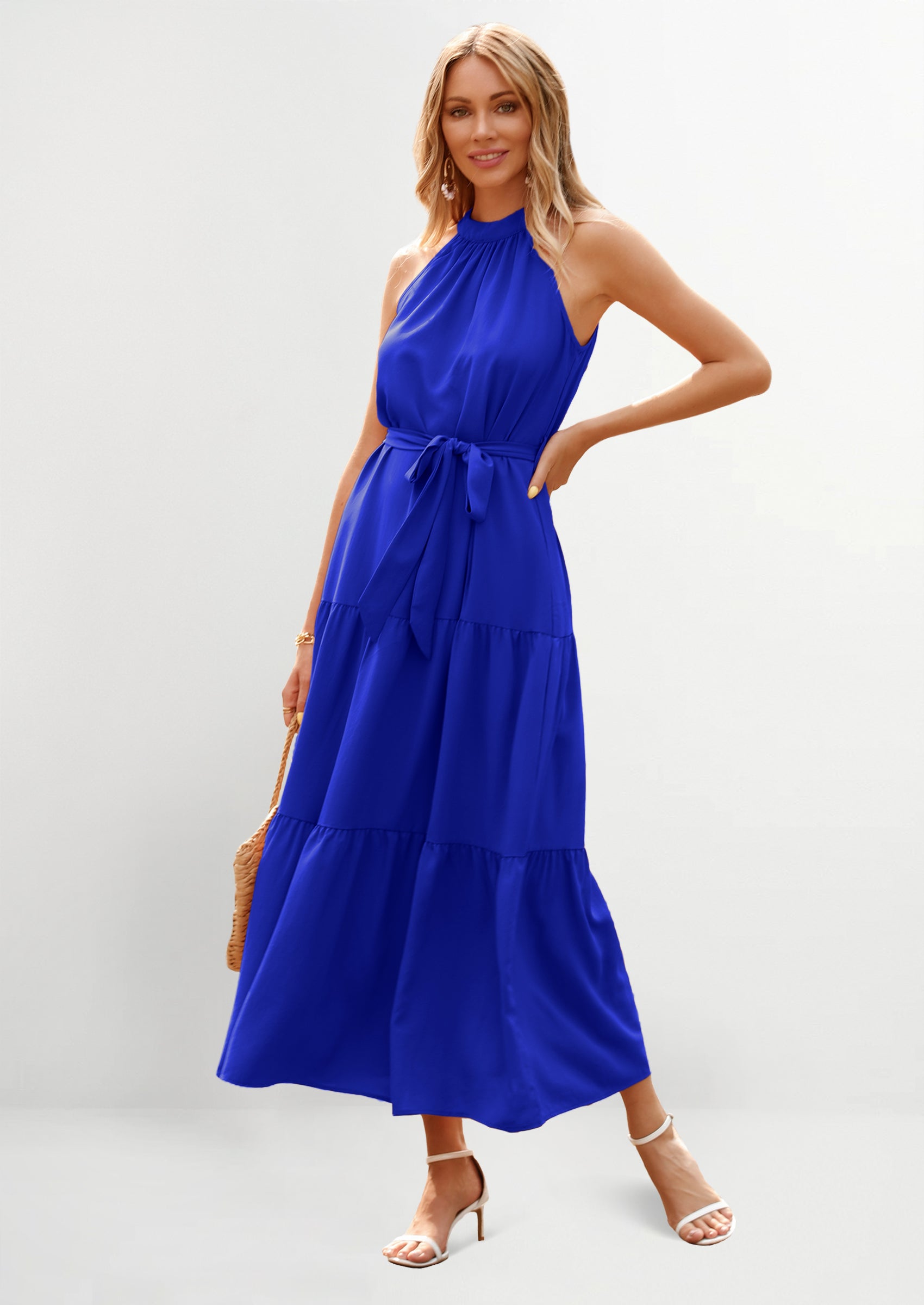 PRETTYGARDEN Women's Summer Floral Maxi Sun Dress Sleeveless Halter Neck Flowy Ruffle Hem Long Boho Dresses with Belt