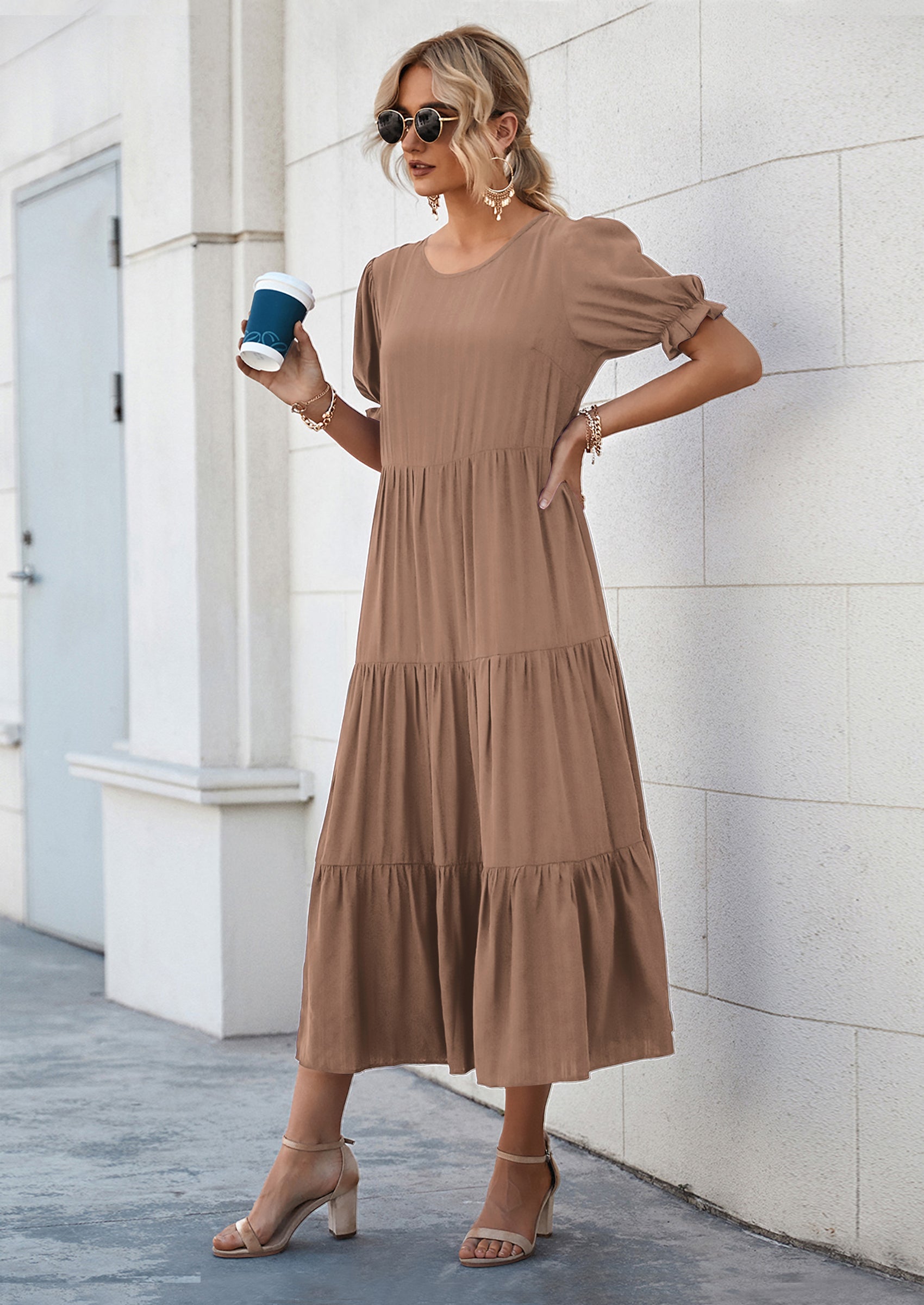 PRETTYGARDEN Women's Summer Casual Floral Boho Dress Puff Short Sleeve Ruffle Flowy Beach Party Midi Dresses