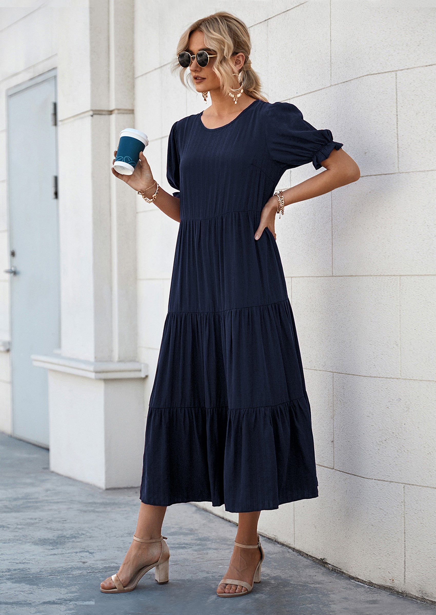 PRETTYGARDEN Women's Summer Casual Floral Boho Dress Puff Short Sleeve Ruffle Flowy Beach Party Midi Dresses