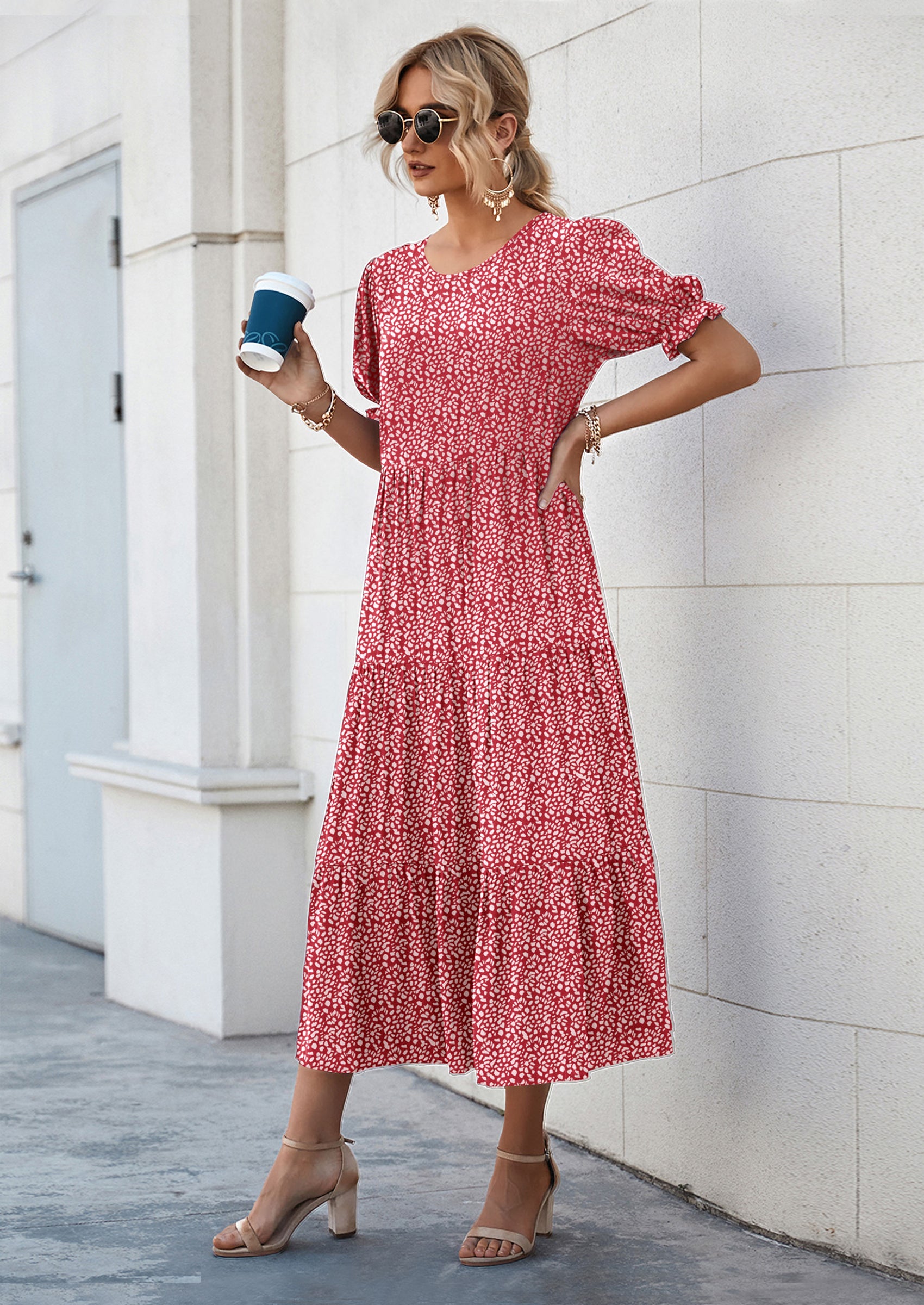 PRETTYGARDEN Women's Summer Casual Floral Boho Dress Puff Short Sleeve Ruffle Flowy Beach Party Midi Dresses