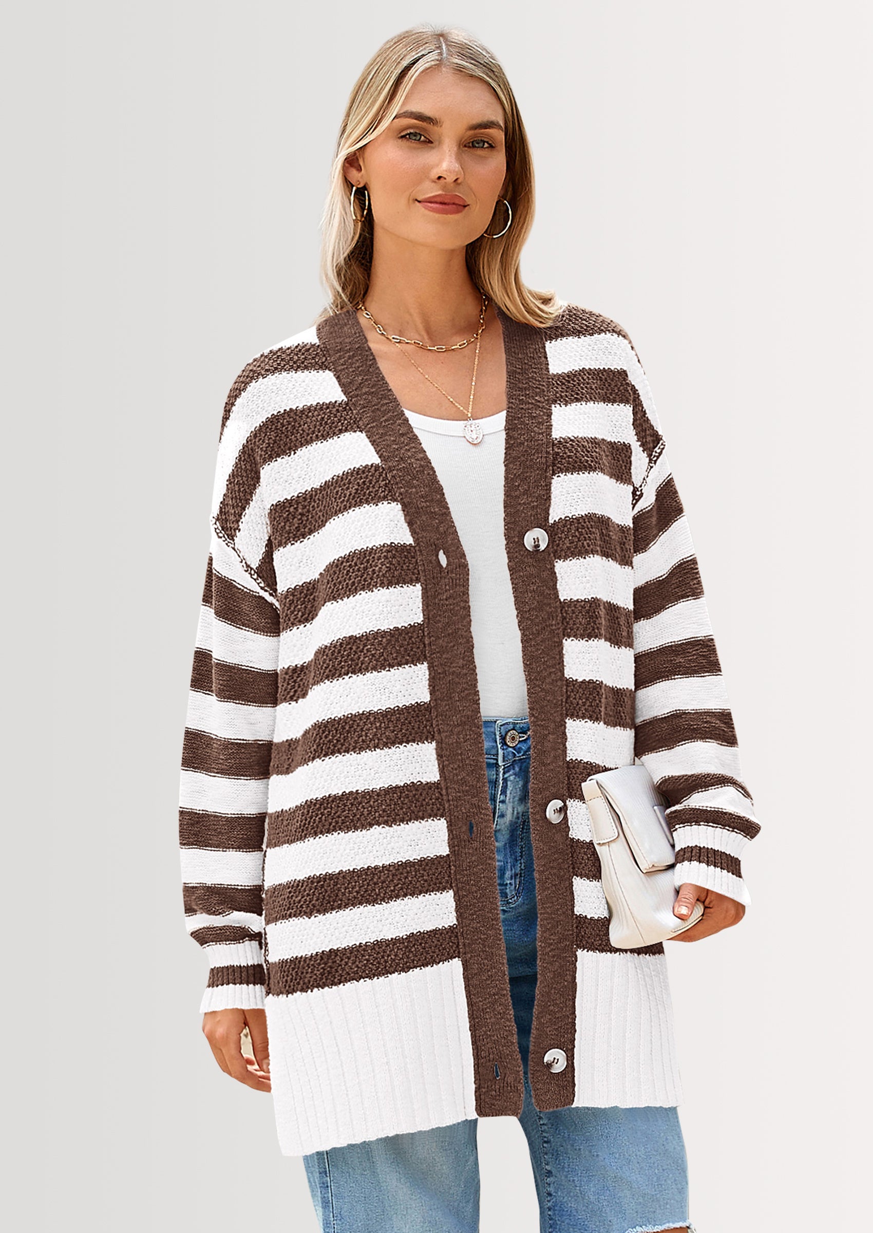PRETTYGARDEN Women's Winter Striped Cardigan Sweaters Long Sleeve Button Down Open Front Chunky Knit Oversized Sweater Coat