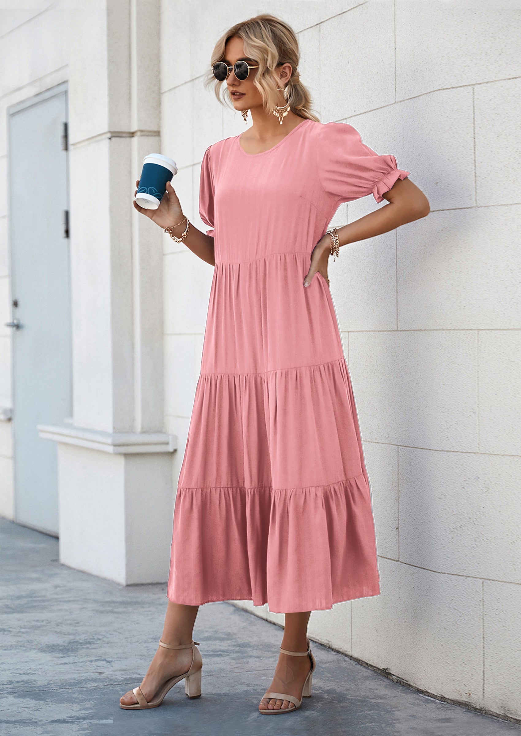 PRETTYGARDEN Women's Summer Casual Floral Boho Dress Puff Short Sleeve Ruffle Flowy Beach Party Midi Dresses