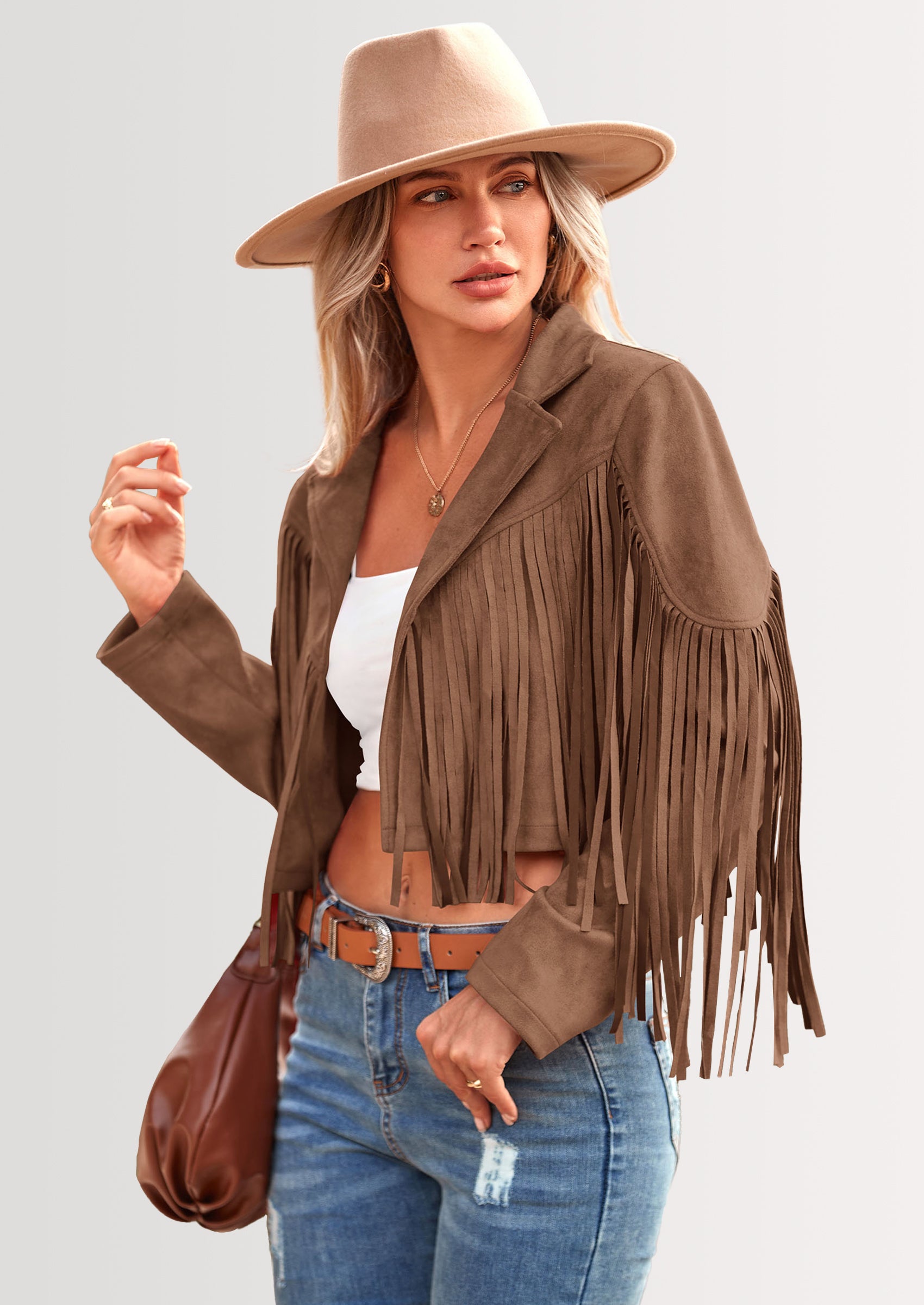 PRETTYGARDEN Women's Fringe Faux Suede Leather Jackets Fashion Tassel Motorcycle Cropped Coats