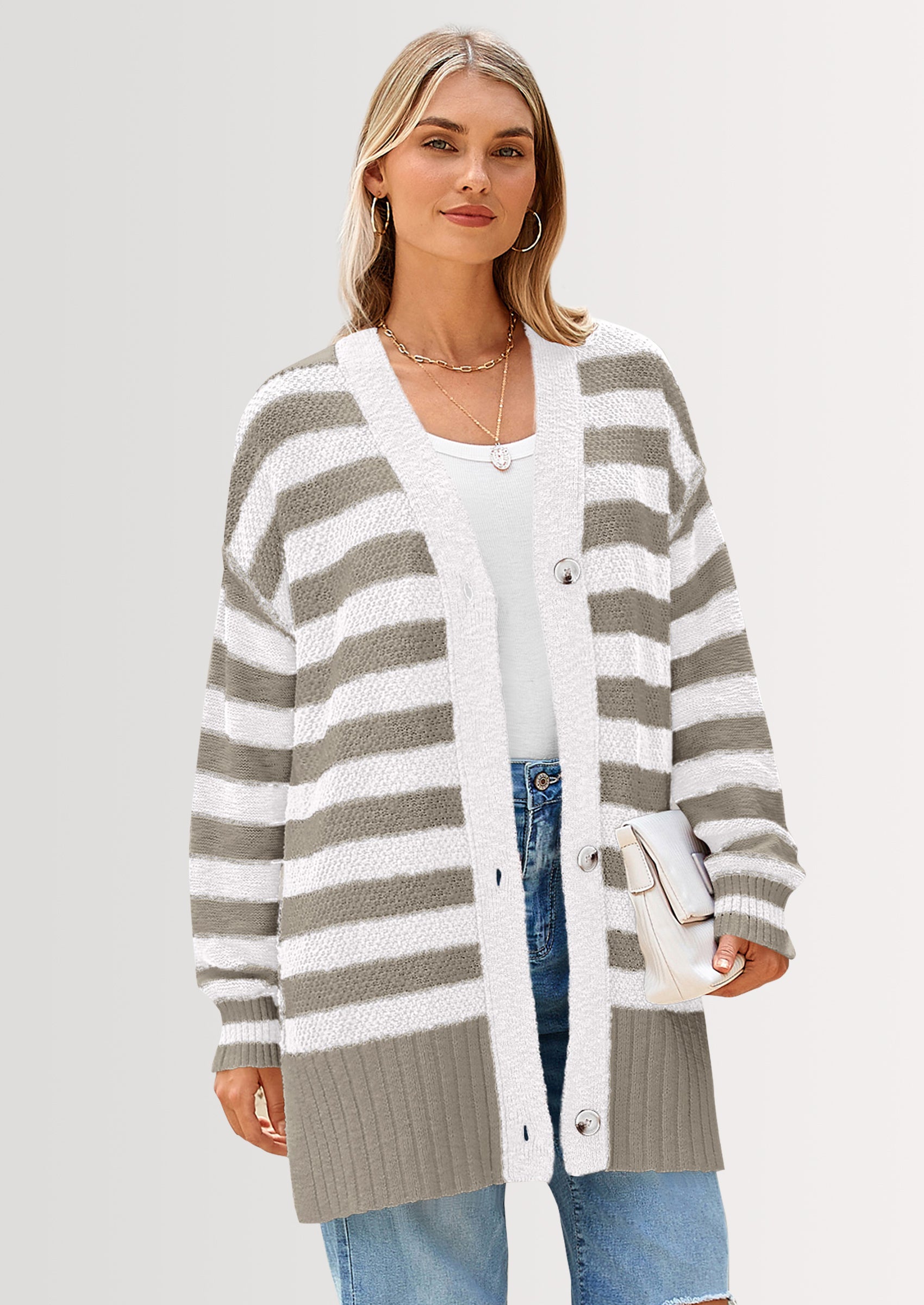PRETTYGARDEN Women's Winter Striped Cardigan Sweaters Long Sleeve Button Down Open Front Chunky Knit Oversized Sweater Coat