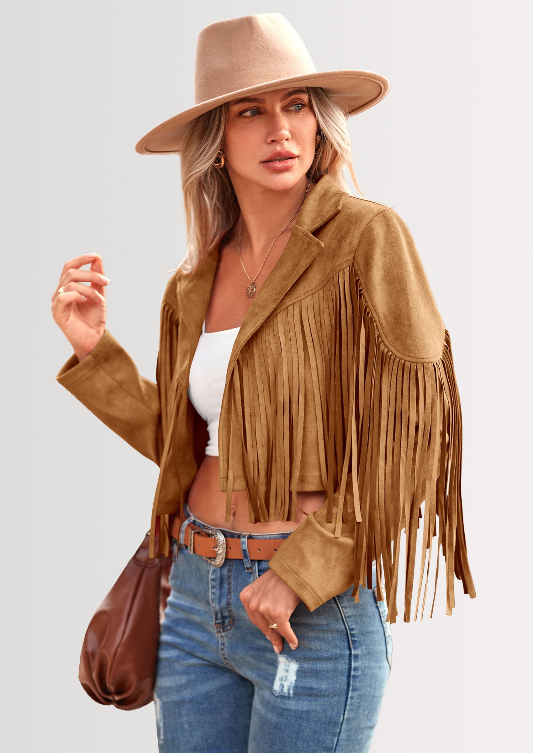 PRETTYGARDEN Women's Fringe Faux Suede Leather Jackets Fashion Tassel Motorcycle Cropped Coats