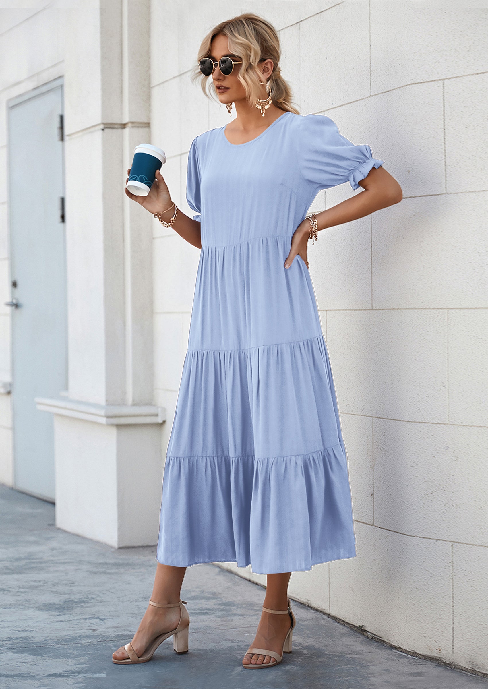 PRETTYGARDEN Women's Summer Casual Floral Boho Dress Puff Short Sleeve Ruffle Flowy Beach Party Midi Dresses