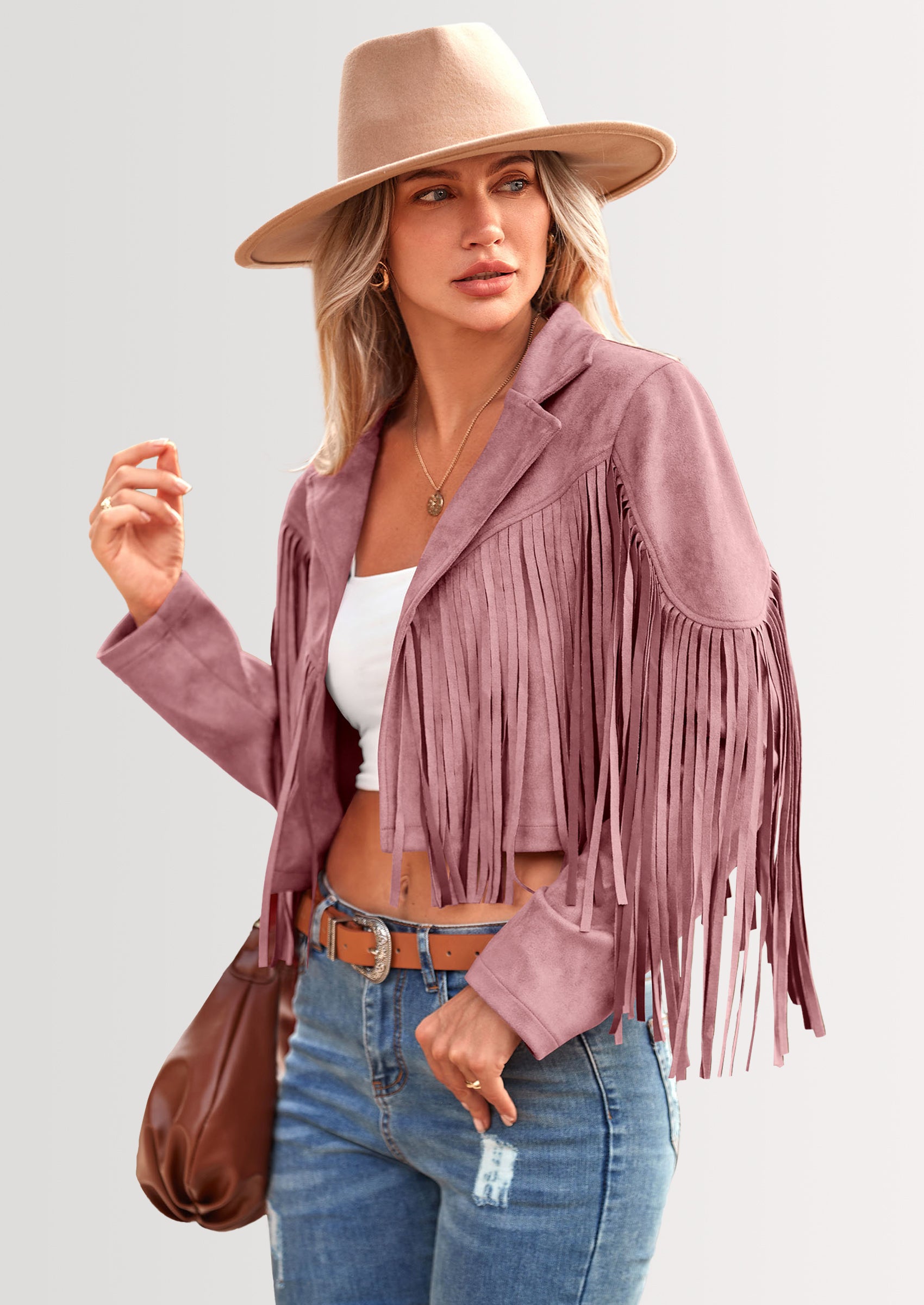 PRETTYGARDEN Women's Fringe Faux Suede Leather Jackets Fashion Tassel Motorcycle Cropped Coats