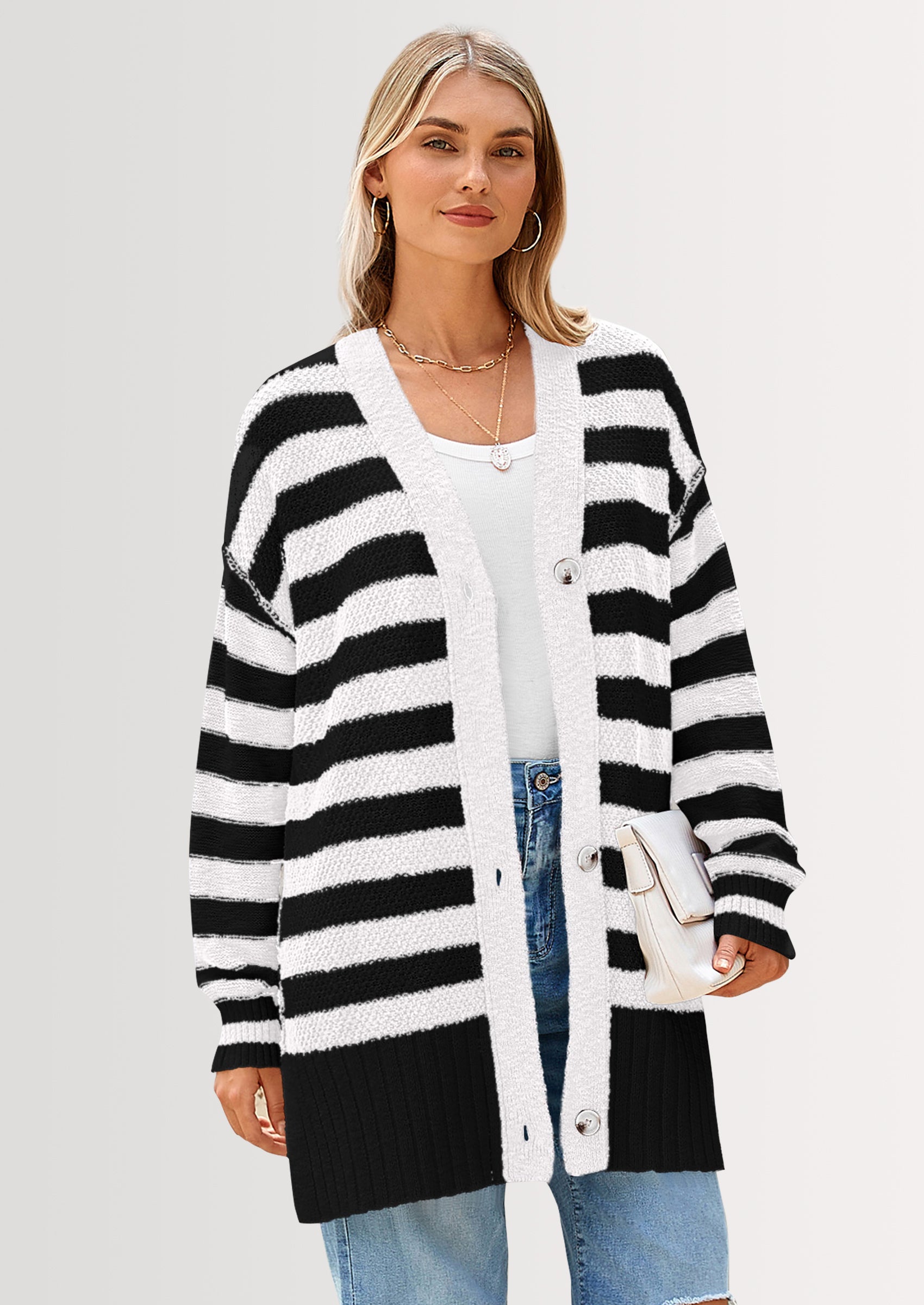 PRETTYGARDEN Women's Winter Striped Cardigan Sweaters Long Sleeve Button Down Open Front Chunky Knit Oversized Sweater Coat