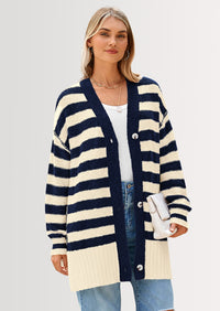 PRETTYGARDEN Women's Winter Striped Cardigan Sweaters Long Sleeve Button Down Open Front Chunky Knit Oversized Sweater Coat