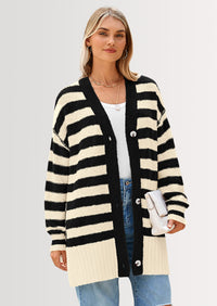 PRETTYGARDEN Women's Winter Striped Cardigan Sweaters Long Sleeve Button Down Open Front Chunky Knit Oversized Sweater Coat