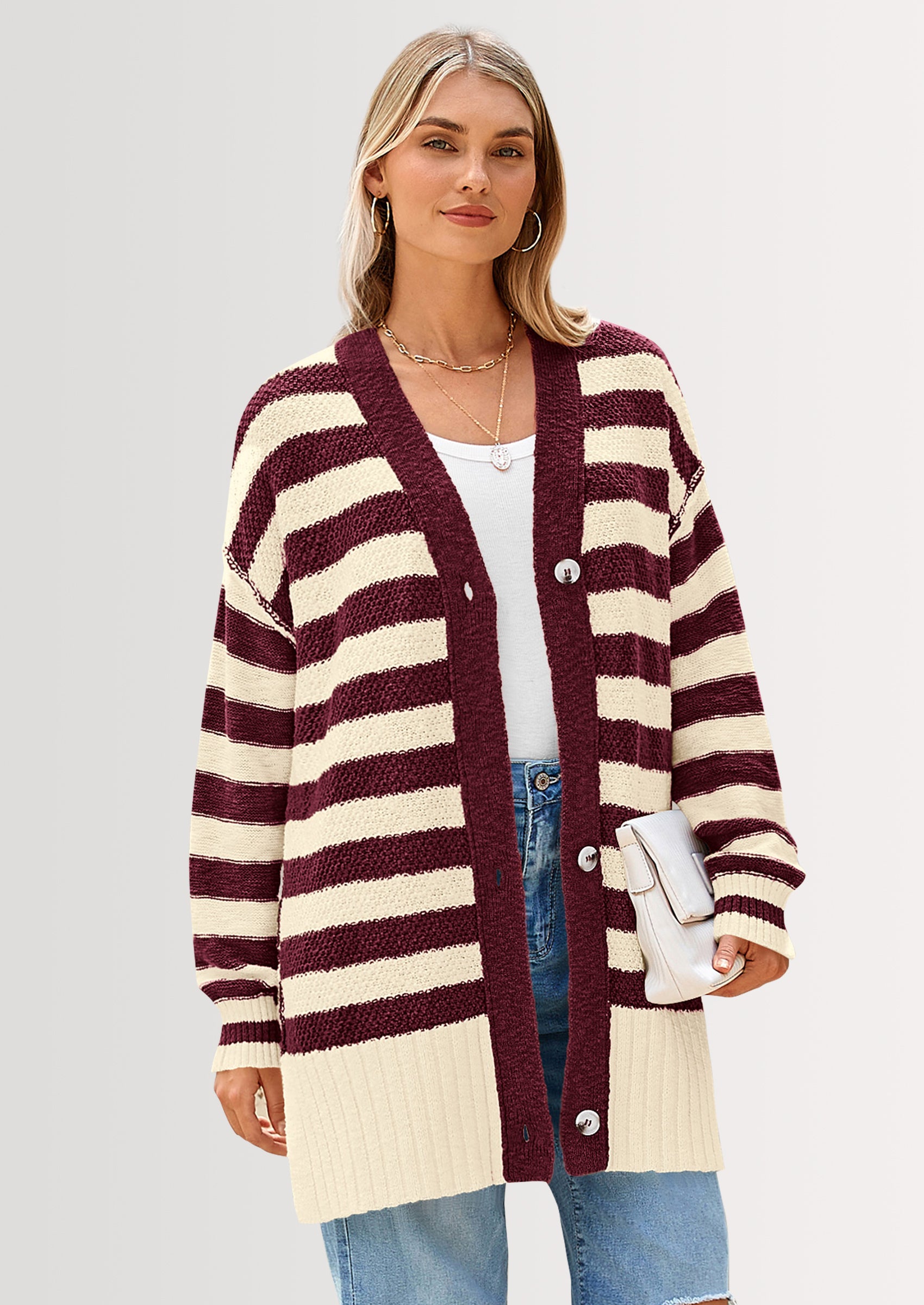 PRETTYGARDEN Women's Winter Striped Cardigan Sweaters Long Sleeve Button Down Open Front Chunky Knit Oversized Sweater Coat