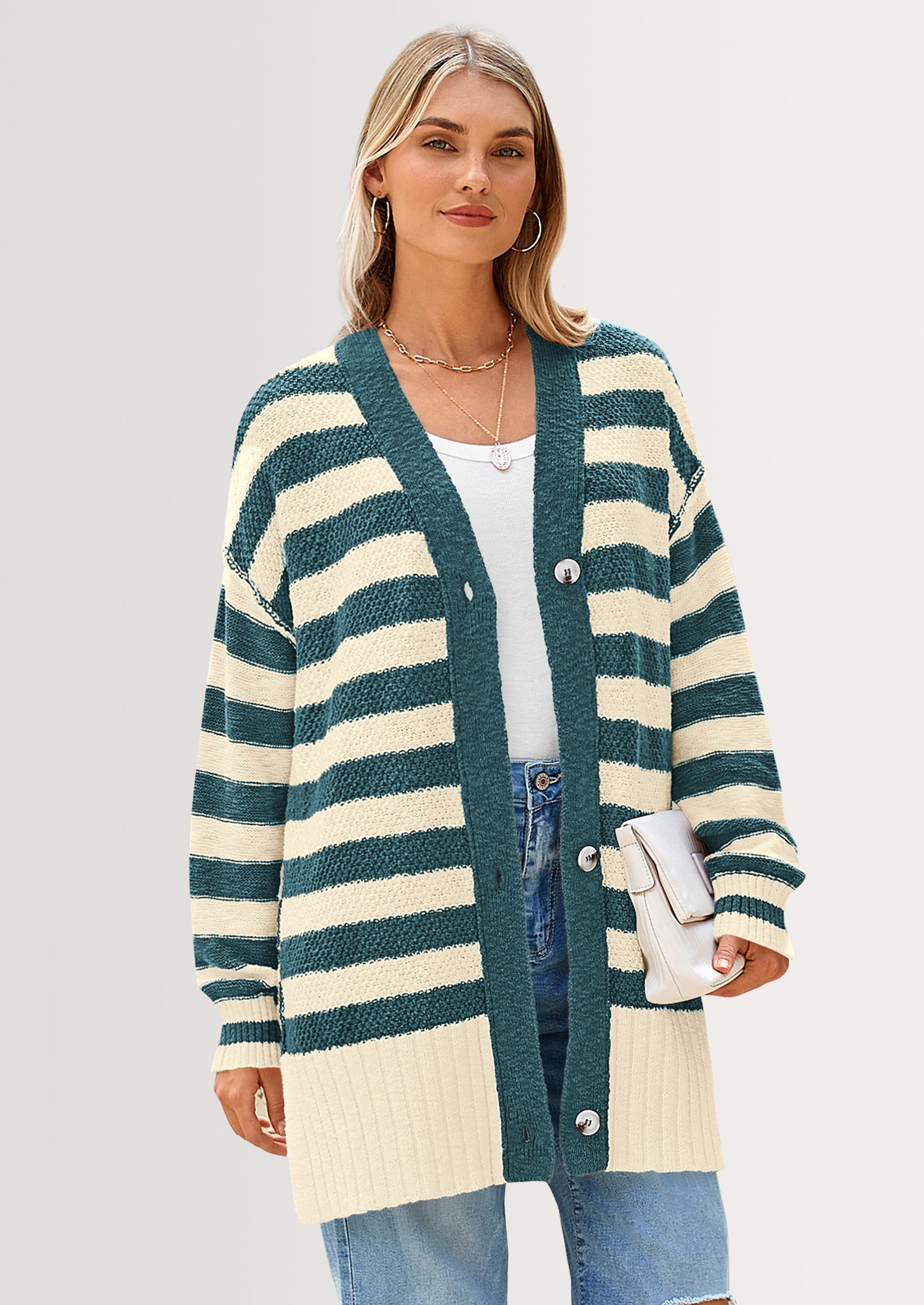 PRETTYGARDEN Women's Winter Striped Cardigan Sweaters Long Sleeve Button Down Open Front Chunky Knit Oversized Sweater Coat
