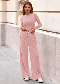 PRETTYGARDEN Women's 2 Piece Lounge Sets Fall Fashion Long Sleeve Crop Top Wide Leg Pants Matching Sets Clothing