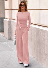 PRETTYGARDEN Women's 2 Piece Lounge Sets Fall Fashion Long Sleeve Crop Top Wide Leg Pants Matching Sets Clothing