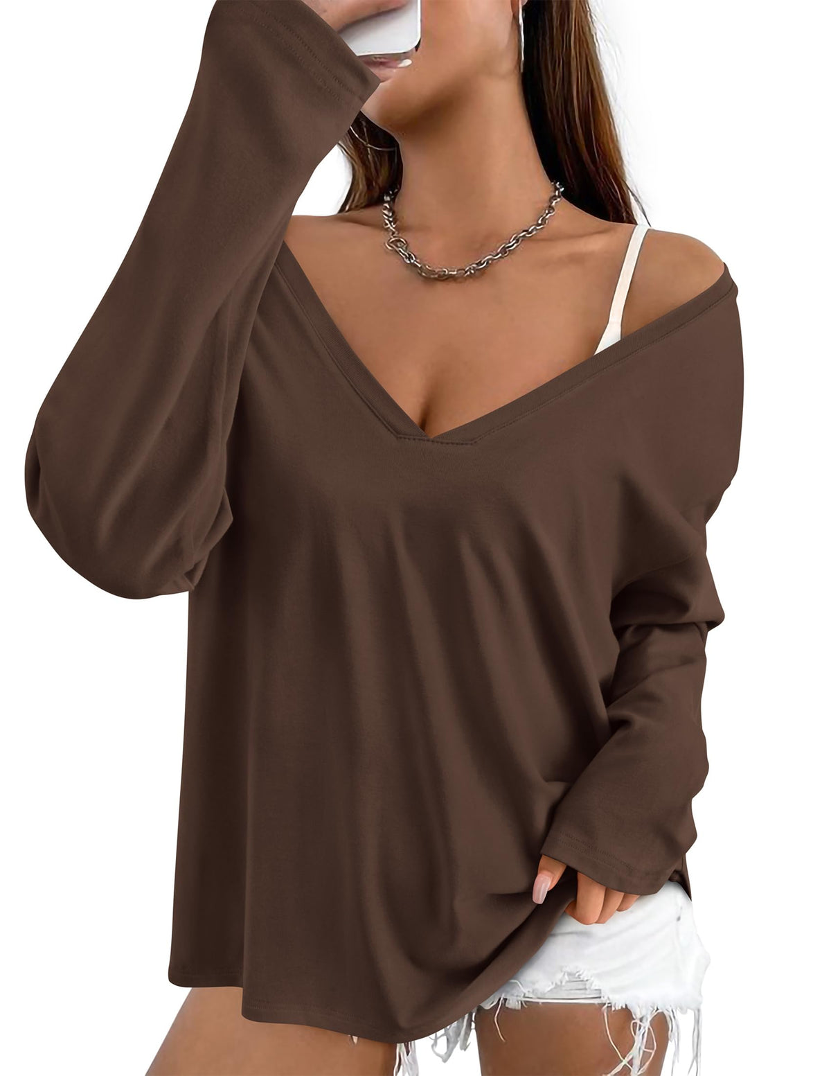 Fall Fashion Casual Long Sleeve V Neck Tunic Loose Basic T-shirts