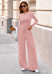 PRETTYGARDEN Women's 2 Piece Lounge Sets Fall Fashion Long Sleeve Crop Top Wide Leg Pants Matching Sets Clothing