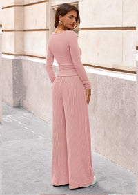 PRETTYGARDEN Women's 2 Piece Lounge Sets Fall Fashion Long Sleeve Crop Top Wide Leg Pants Matching Sets Clothing