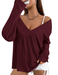 Fall Fashion Casual Long Sleeve V Neck Tunic Loose Basic T-shirts