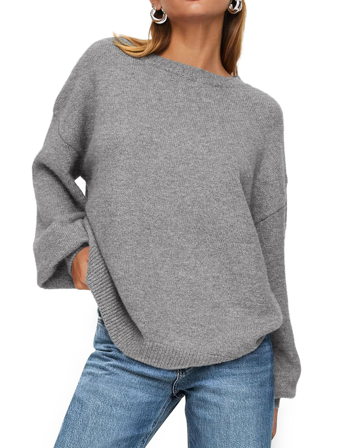 Women's Fall Sweaters Casual Crew Neck Long Sleeve Pullover Ribbed Knit Loose Fit Sweater Tops