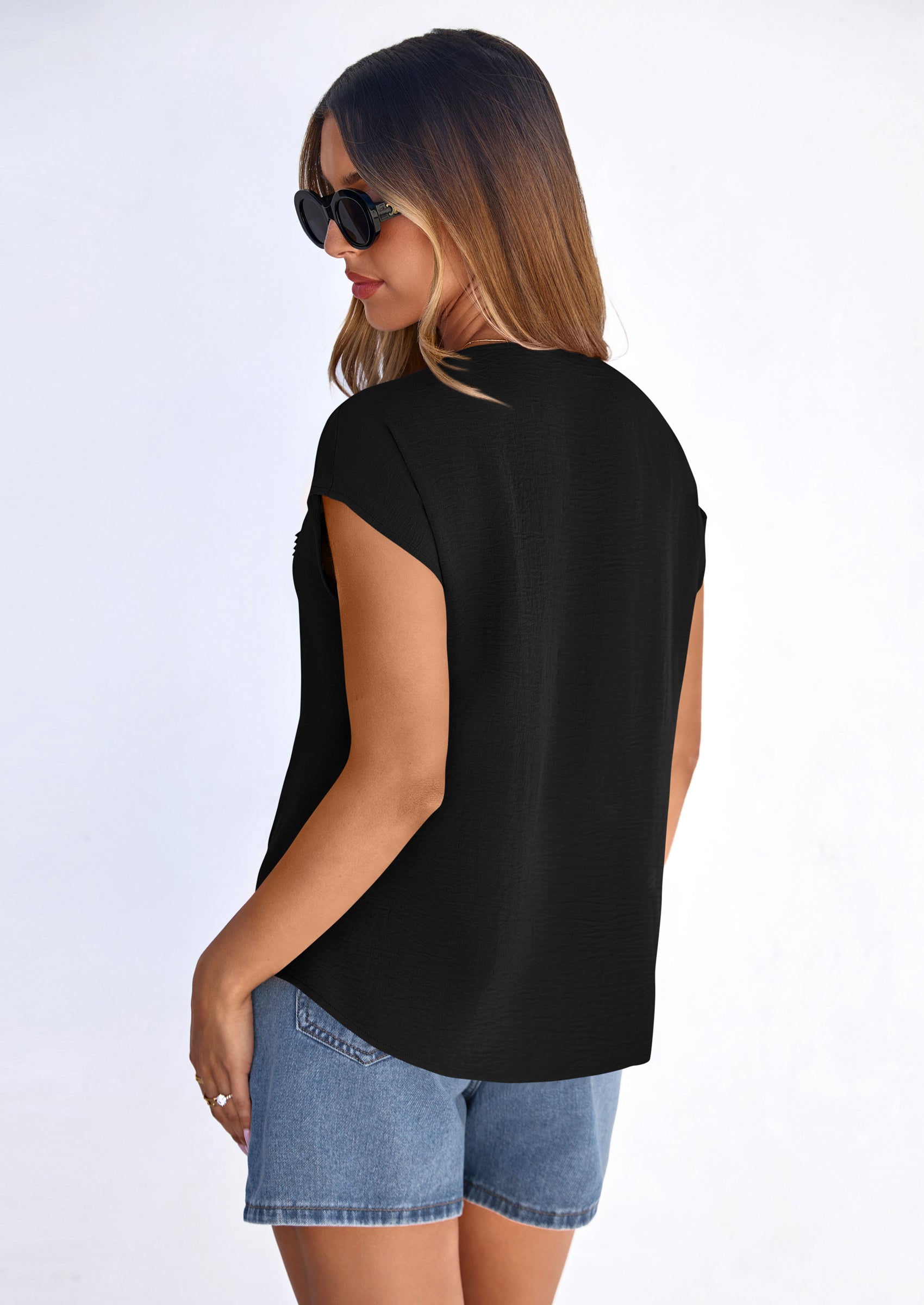 PRETTYGARDEN Spring Tops for Women Summer Fashion Clothes Dressy Casual Blouses Cap Sleeve V Neck Shirts Work Outfits PRETTYGARDEN