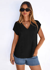 PRETTYGARDEN Spring Tops for Women Summer Fashion Clothes Dressy Casual Blouses Cap Sleeve V Neck Shirts Work Outfits PRETTYGARDEN