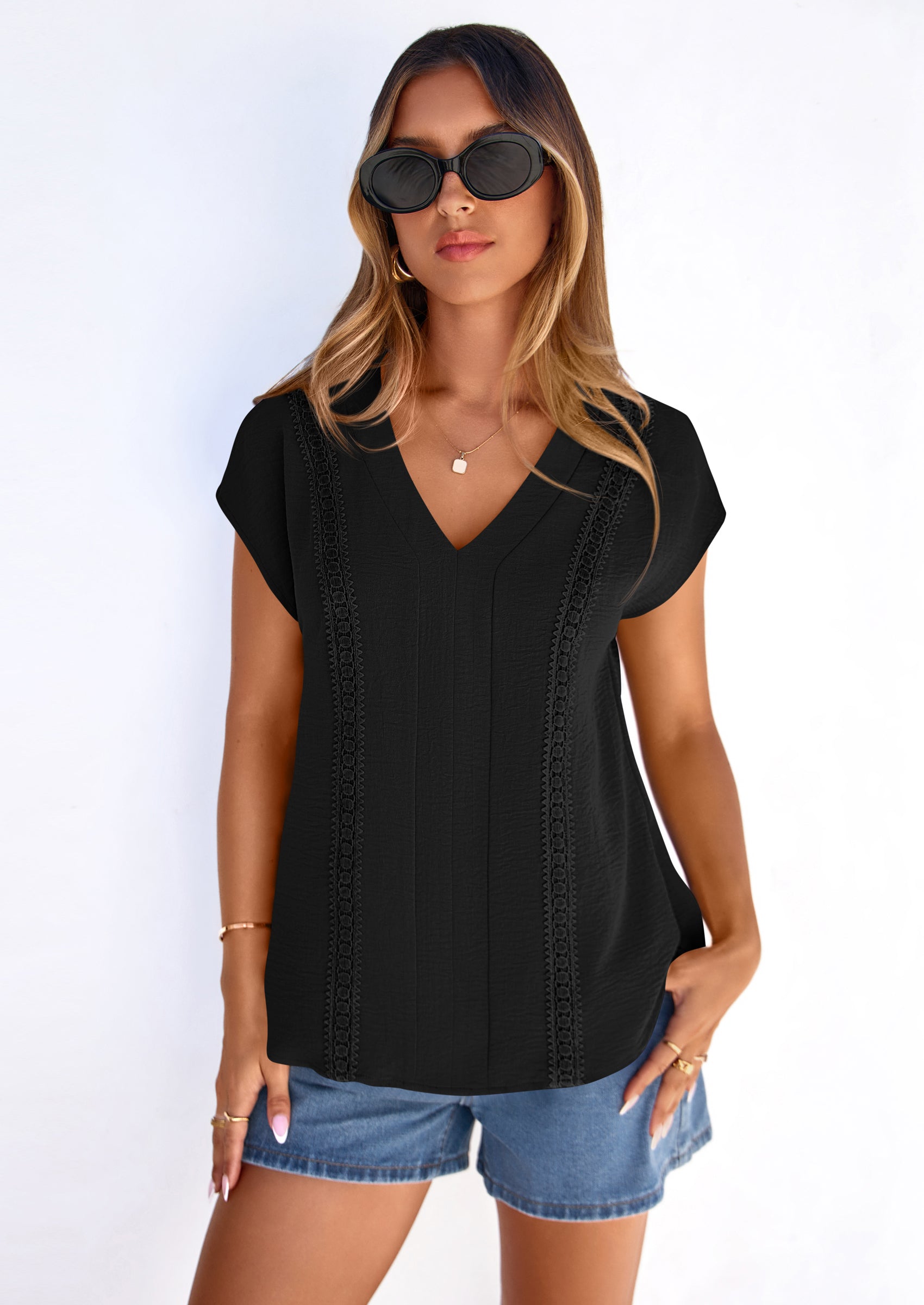 PRETTYGARDEN Spring Tops for Women Summer Fashion Clothes Dressy Casual Blouses Cap Sleeve V Neck Shirts Work Outfits PRETTYGARDEN