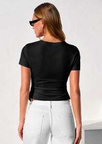 PRETTYGARDEN Womens Short Sleeve Crew Neck Trendy Shirts Spring Summer Y2K Going Out Tops Asymmetrical Ruched Blouse PRETTYGARDEN