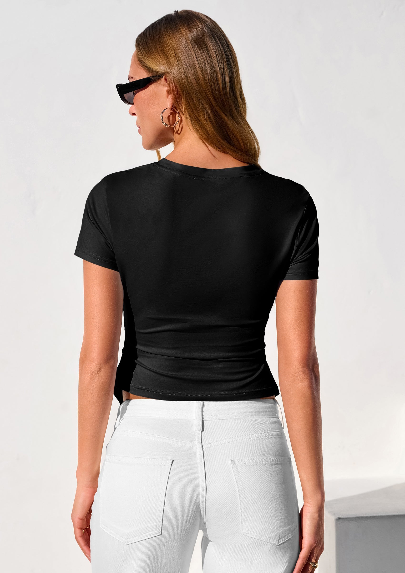 PRETTYGARDEN Womens Short Sleeve Crew Neck Trendy Shirts Spring Summer Y2K Going Out Tops Asymmetrical Ruched Blouse PRETTYGARDEN