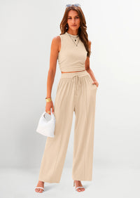 PRETTYGARDEN 2 Piece Sets Sleeveless Tank Ribbed Travel Vacation Lounge Wear Outfits