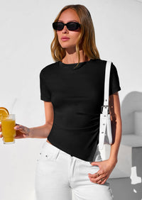 PRETTYGARDEN Womens Short Sleeve Crew Neck Trendy Shirts Spring Summer Y2K Going Out Tops Asymmetrical Ruched Blouse PRETTYGARDEN