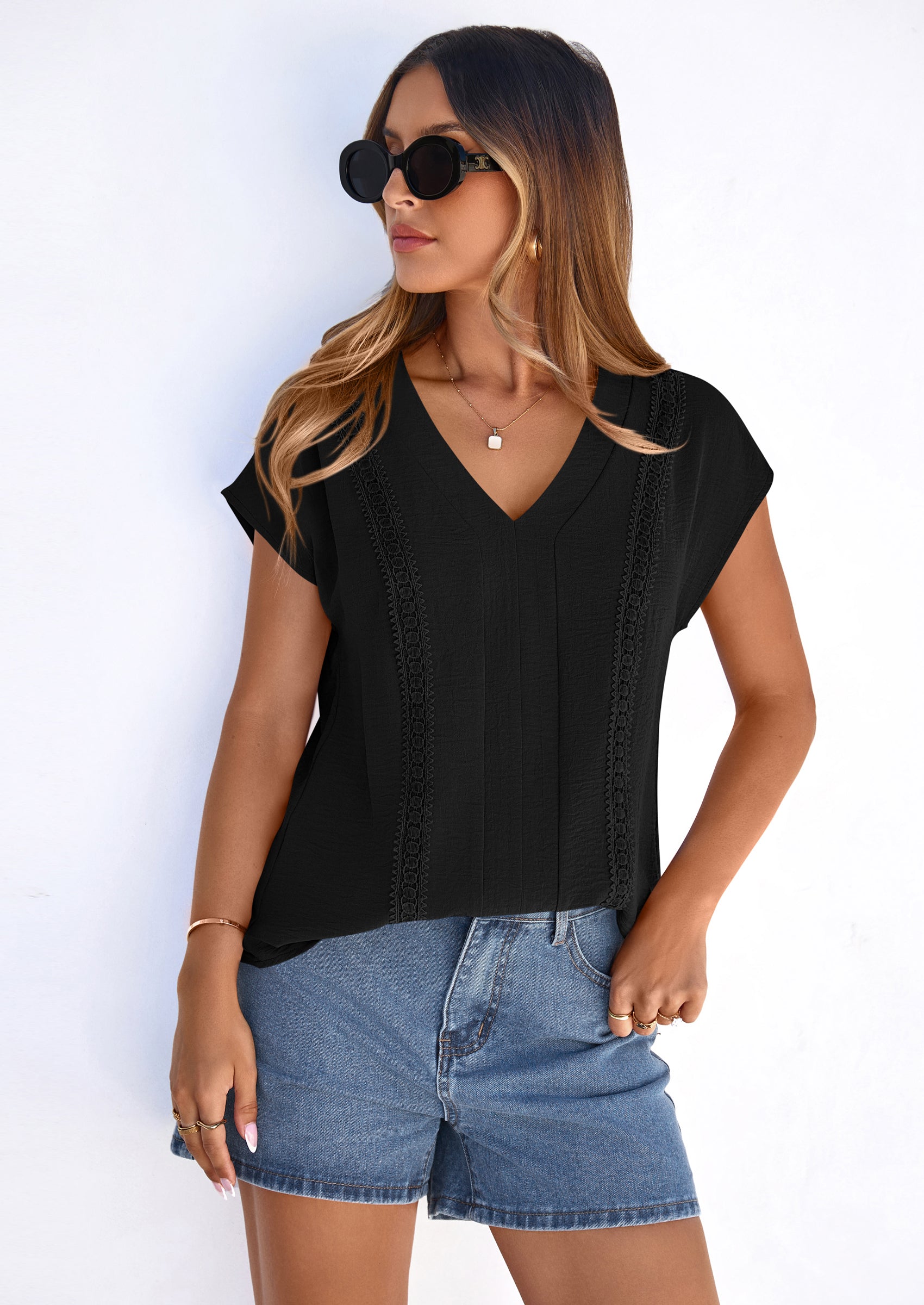 PRETTYGARDEN Spring Tops for Women Summer Fashion Clothes Dressy Casual Blouses Cap Sleeve V Neck Shirts Work Outfits PRETTYGARDEN