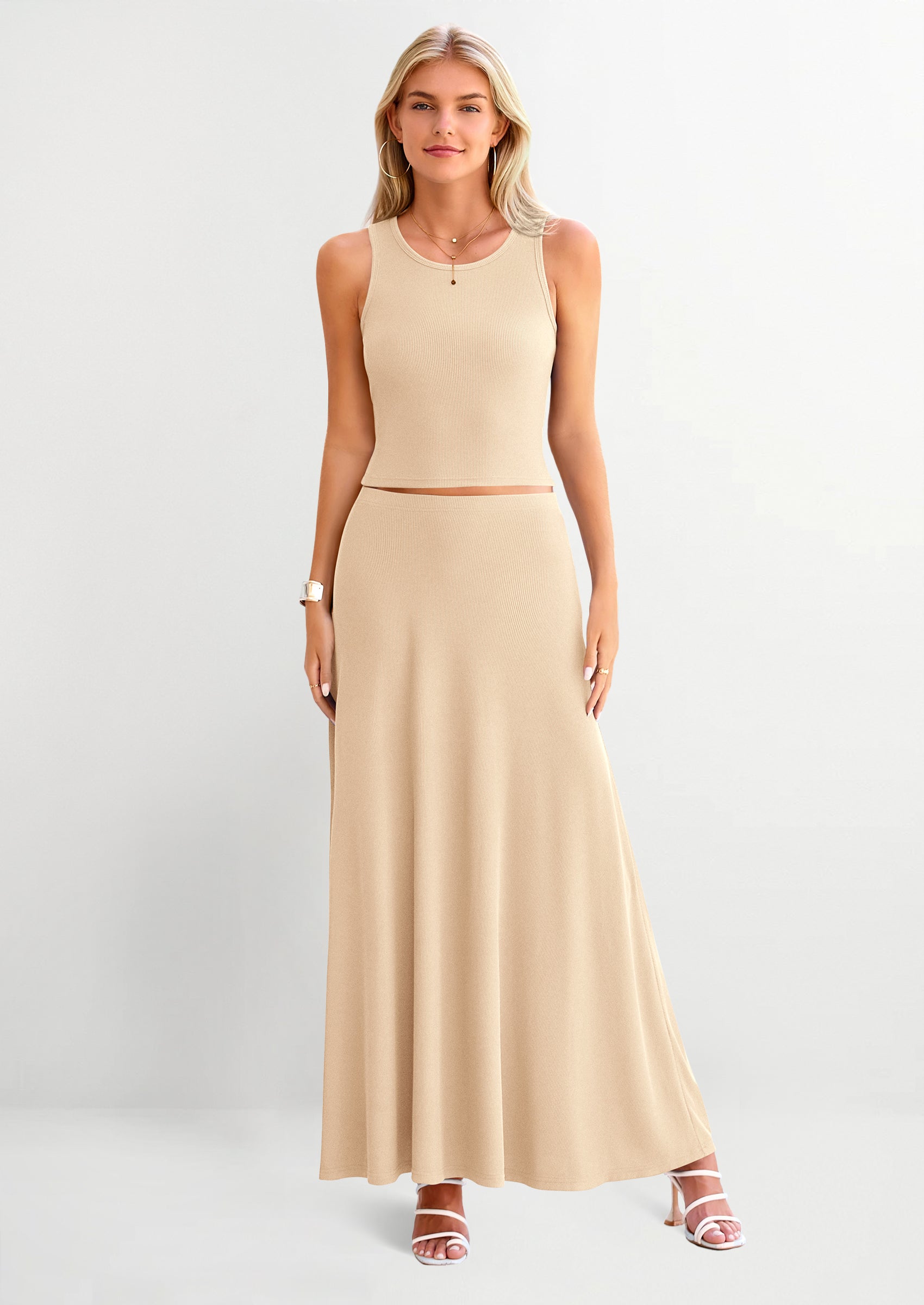 PRETTYGARDEN 2 Piece Maxi Skirt Sets Casual Knit Cropped Tank Top High Waisted Long Skirts Outfit