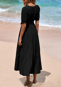 PRETTYGARDEN Women's Midi Dress Casual Short Sleeve V Neck Buttons Belted Ruffle A Line Flowy Dress with Pockets