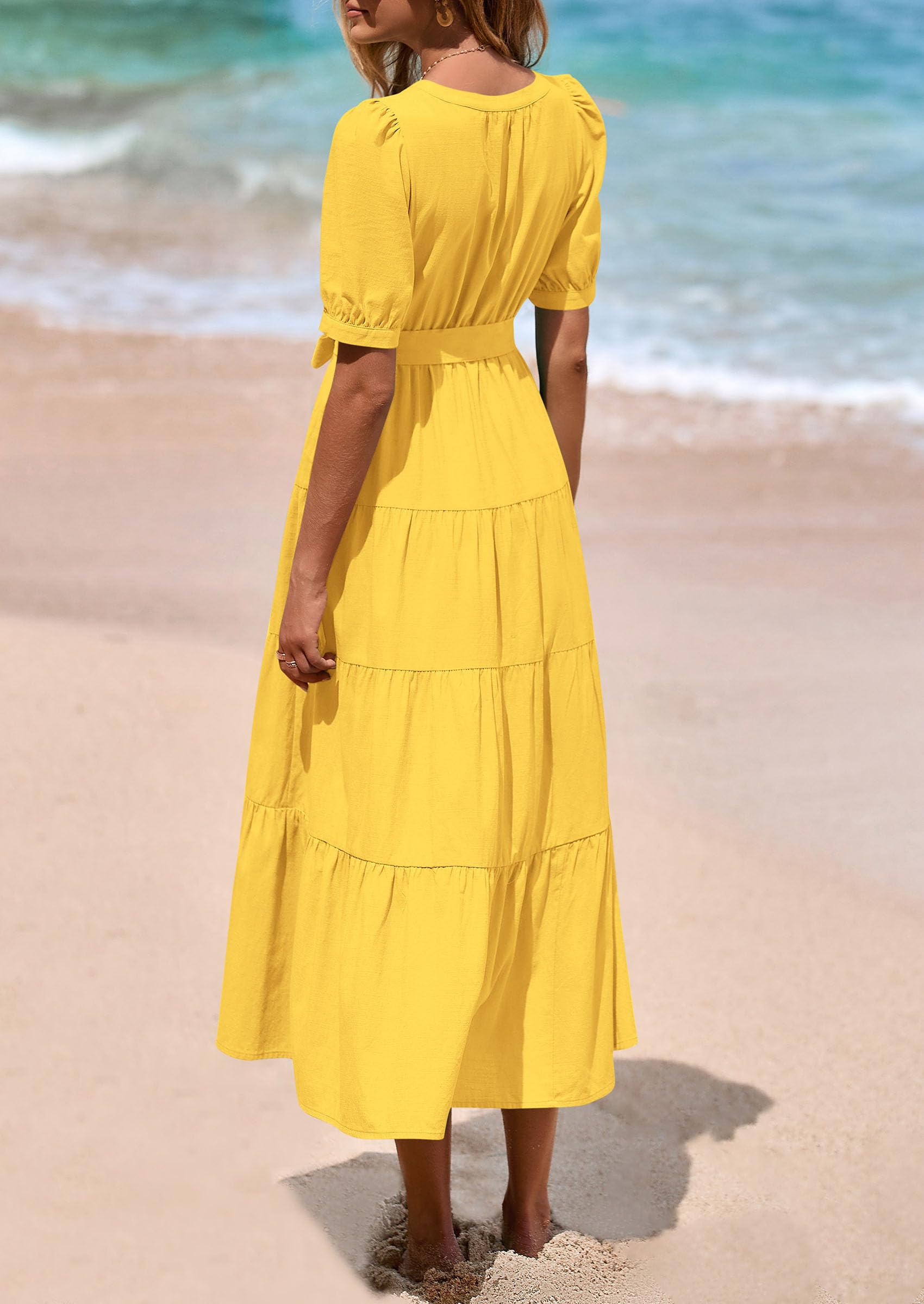 PRETTYGARDEN Women's Midi Dress Casual Short Sleeve V Neck Buttons Belted Ruffle A Line Flowy Dress with Pockets