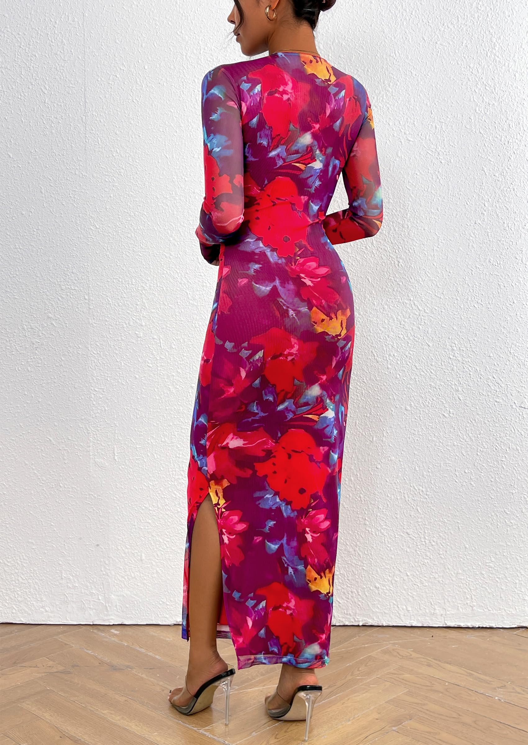 PRETTYGARDEN Women's Bodycon Maxi Dress Fall Spring Fashion Long Sleeve Floral Print Tight Fitted Party Club Ruched Dresses