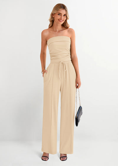 PRETTYGARDEN 2 Piece Sets Casual Ribbed Knit Crop Tube Top Wide Leg Pants Lounge Set