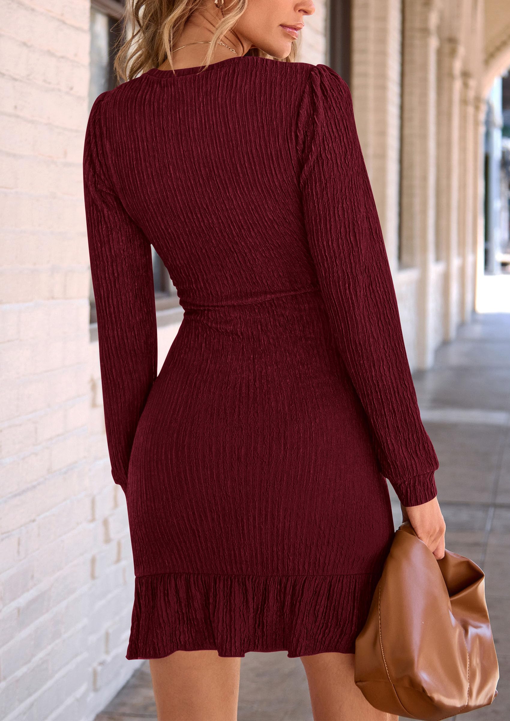 PRETTYGARDEN Women's Spring Fall Ruched Bodycon Mini Dress Long Puff Sleeve Ruffle Fitted Cocktail Party Dresses