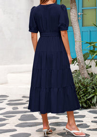 PRETTYGARDEN Women's Midi Dress Casual Short Sleeve V Neck Buttons Belted Ruffle A Line Flowy Dress with Pockets