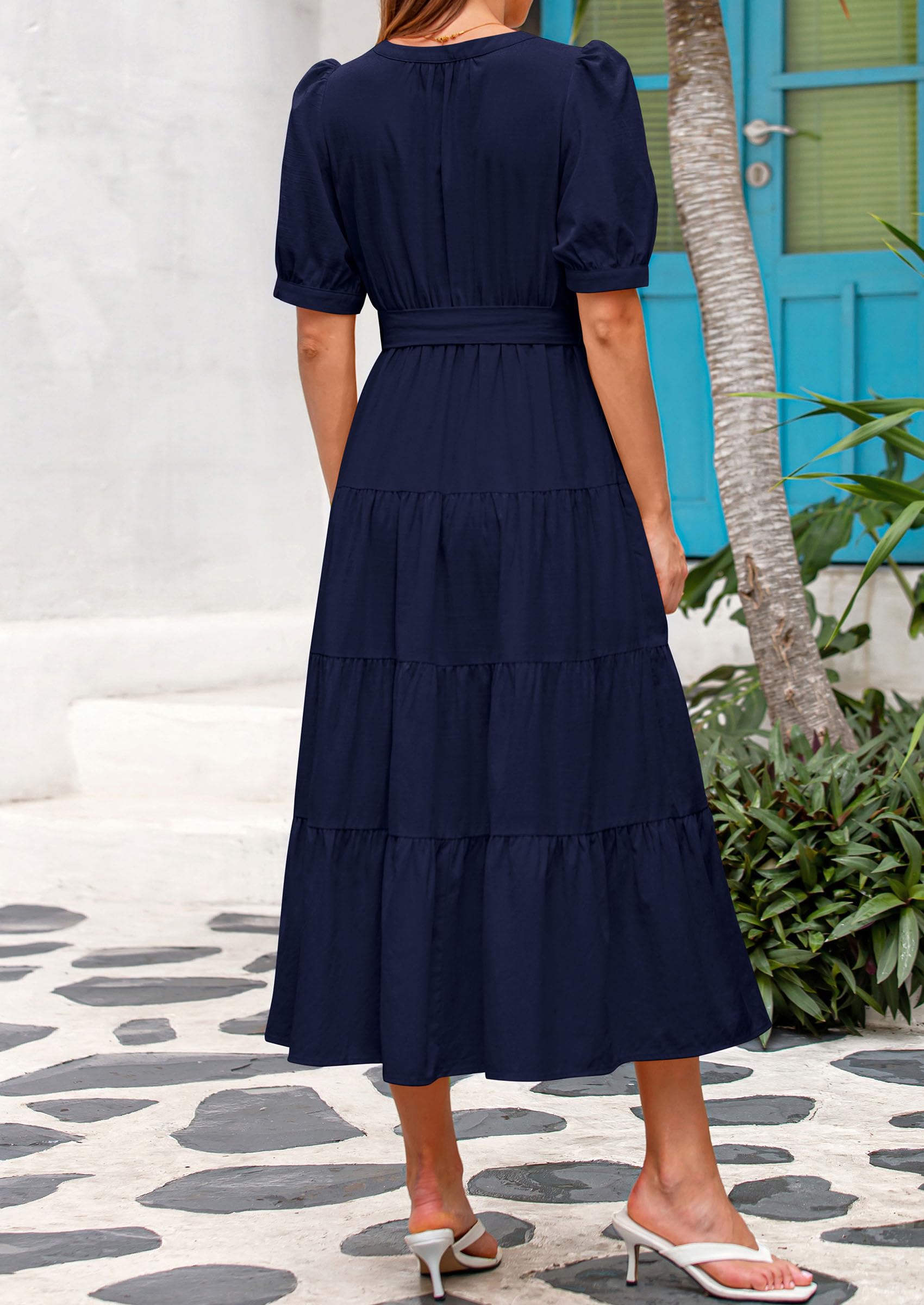 PRETTYGARDEN Women's Midi Dress Casual Short Sleeve V Neck Buttons Belted Ruffle A Line Flowy Dress with Pockets