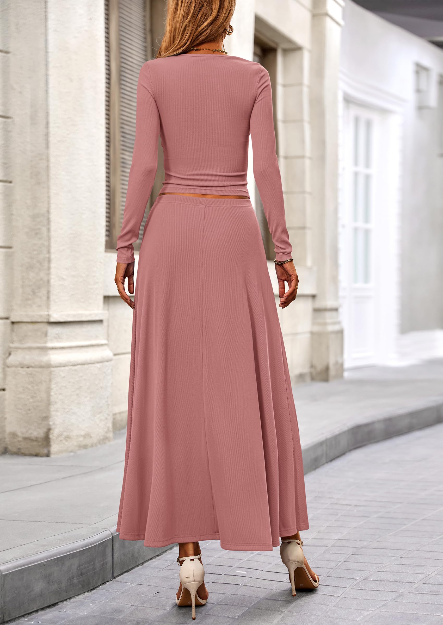 PRETTYGARDEN 2 Piece Casual Ribbed Knit Long Sleeve Crop Tops Maxi Flowy Skirts Matching Sets