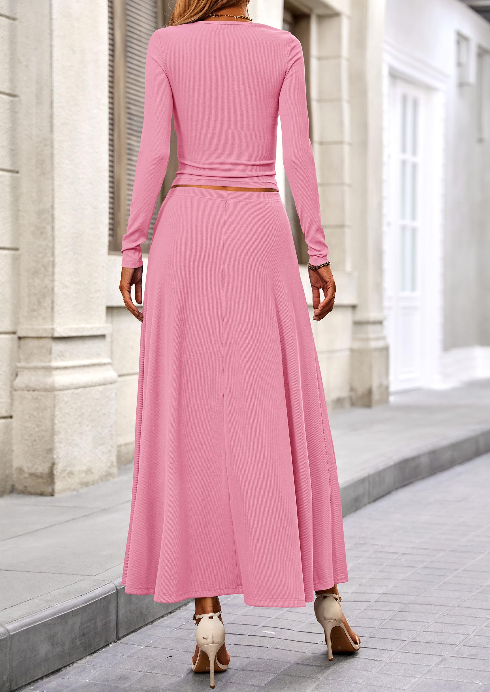 PRETTYGARDEN 2 Piece Casual Ribbed Knit Long Sleeve Crop Tops Maxi Flowy Skirts Matching Sets