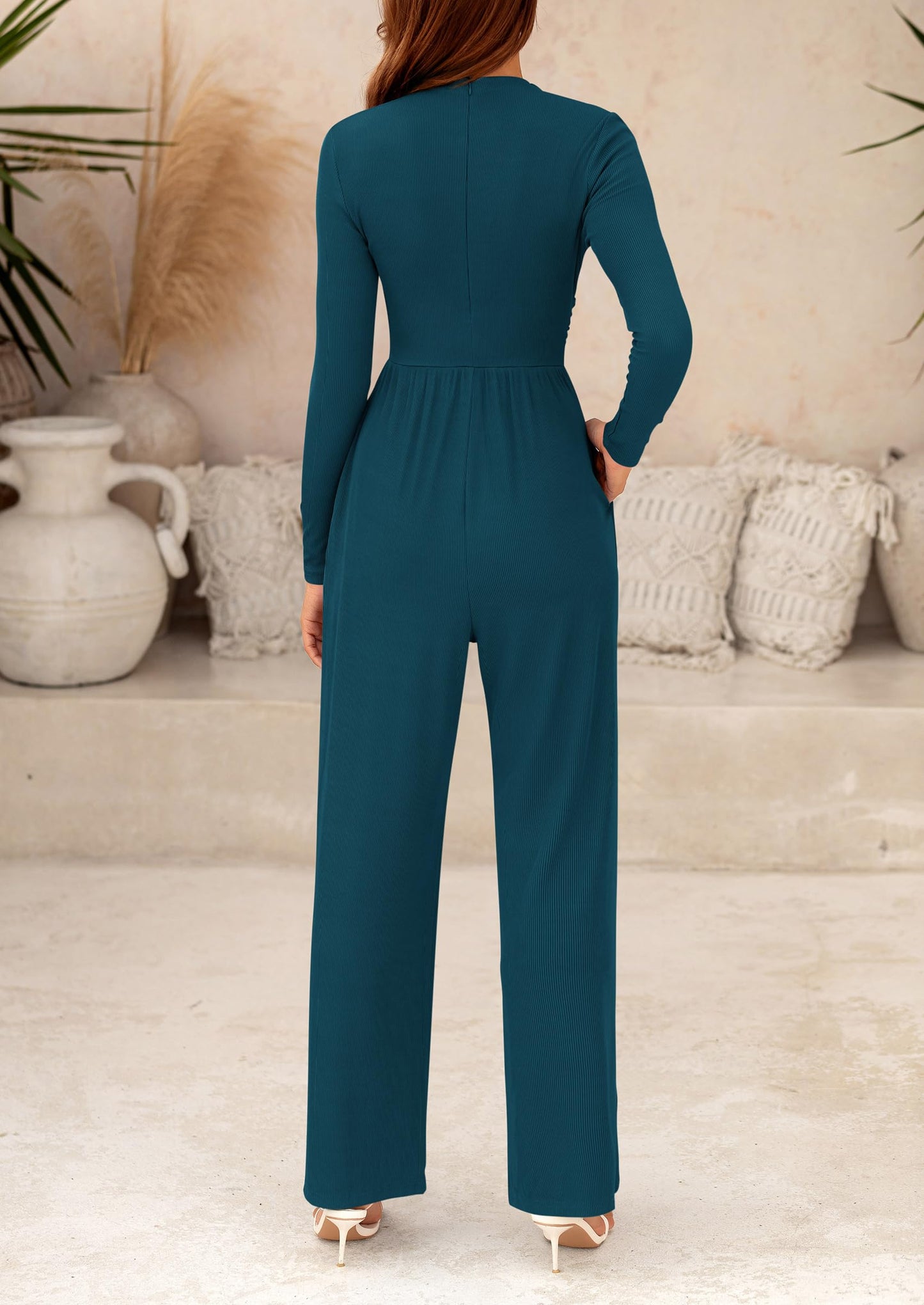 Women's Jumpsuit Dressy Casual One Piece Outfits Long Sleeve Mock Neck Wide Leg Pants Rompers