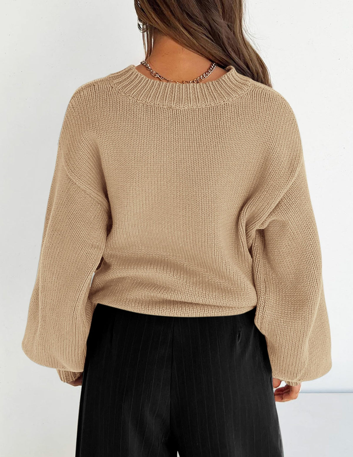 Women's 2024 Fall Chunky Knit Sweater Casual Long Lantern Sleeve Crewneck Pullover Jumper Tops