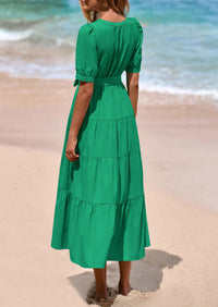 PRETTYGARDEN Women's Midi Dress Casual Short Sleeve V Neck Buttons Belted Ruffle A Line Flowy Dress with Pockets